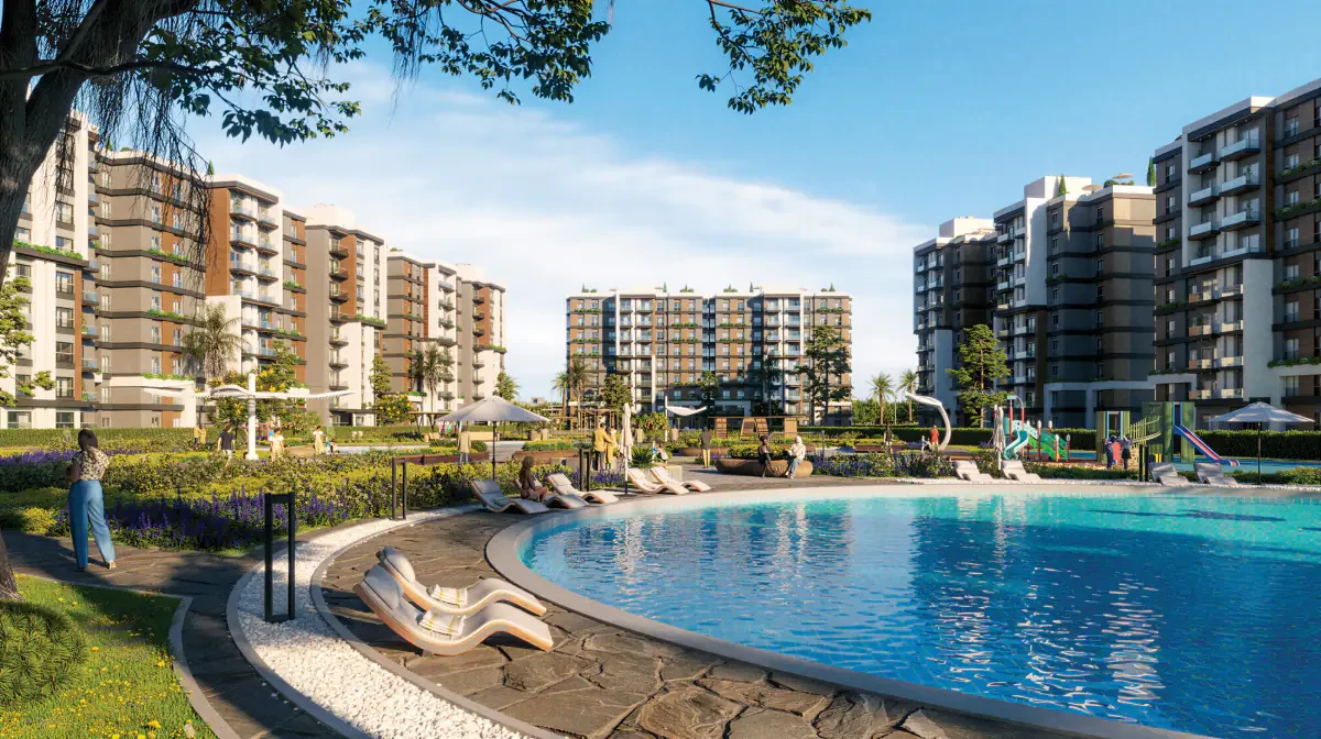 Ayyam Residence render: a swimming pool with sun loungers