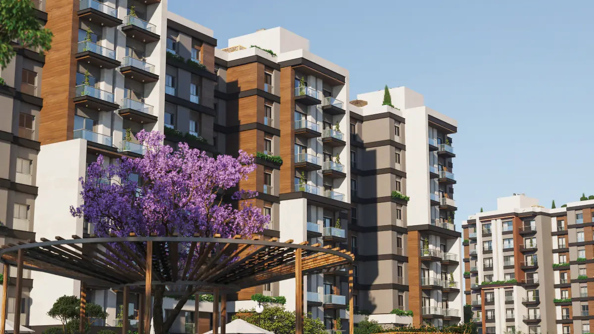 Ayyam Residence render: apartment buildings above a landscaped garden