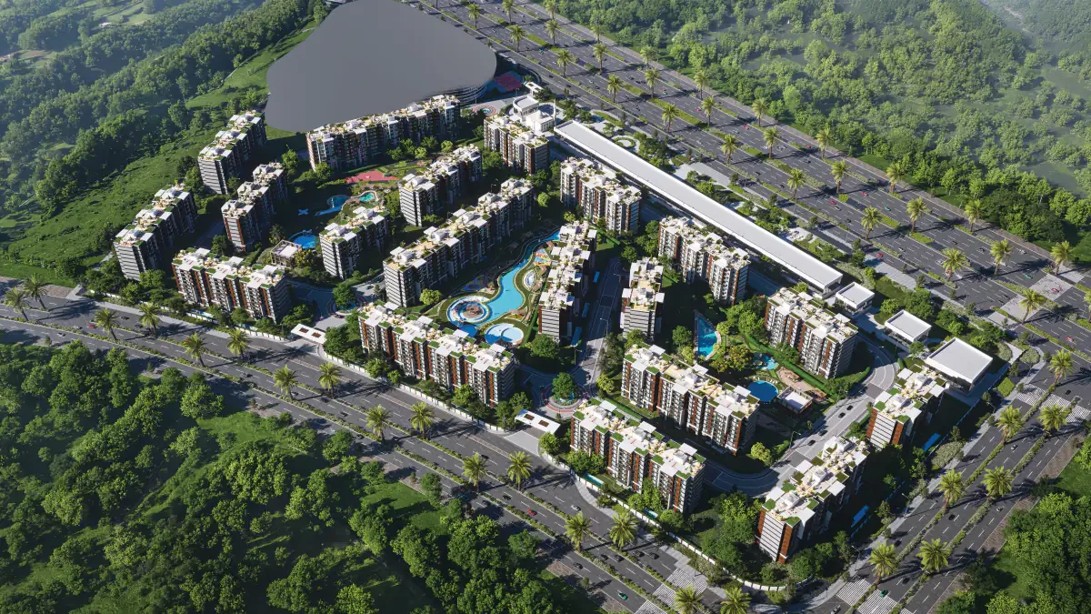 Ayyam Residence aerial view showing the full compound layout with lakes